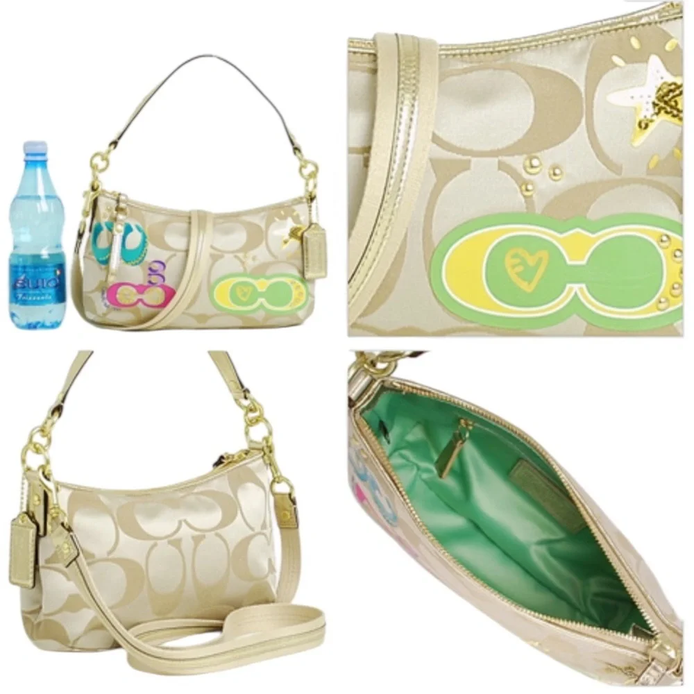 COACH Poppy Khaki Sateen Logo Multicolor Applique Shoulder Hobo Bag - F17586